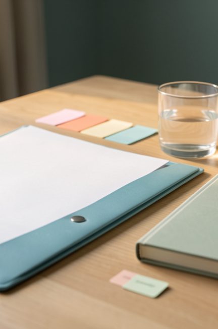 Espace de travail calme et organisé avec un dossier médical vierge, des feuilles sans inscription, un carnet fermé et une plante, illustrant les premières démarches après un diagnostic de TSA sans s’épuiser.