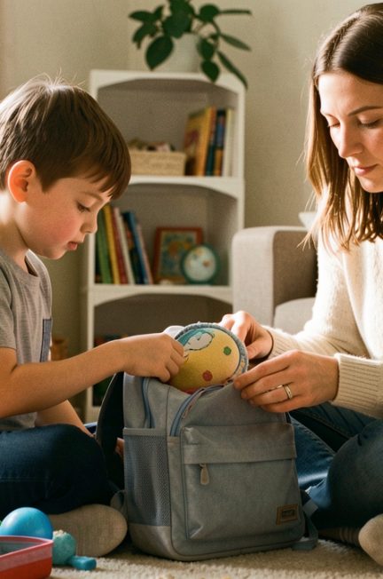 Un jeune garçon autiste prépare calmement son retour à l’école avec sa mère, en organisant son sac et quelques objets réconfortants dans une pièce lumineuse.