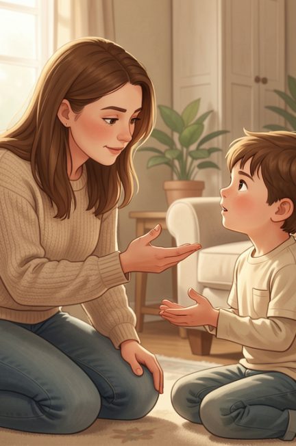 Une mère se met à hauteur d’un jeune garçon dans un salon chaleureux et lui explique calmement une règle avec une attitude bienveillante et ferme.
