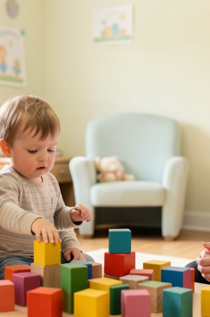 Un bébé de 20 mois joue calmement avec des cubes colorés pendant qu’une femme l’observe avec attention et qu’une pédiatre écoute dans un cabinet accueillant.