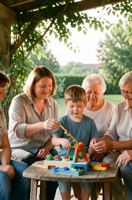 Un adolescent autiste profite de vacances en famille avec ses parents et ses grands-parents, dans un jardin calme et accueillant.