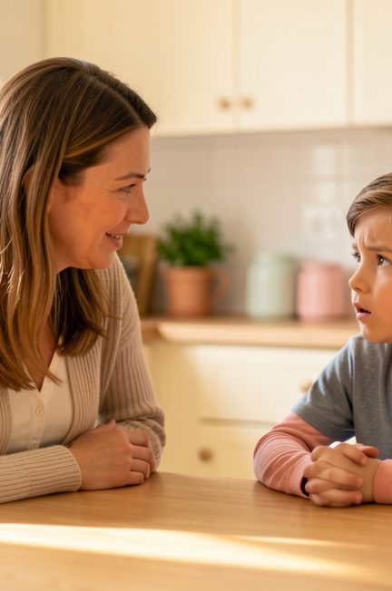 Une mère écoute avec attention son jeune fils anxieux à la table lumineuse de la cuisine, tandis que son cartable uni est posé à côté de lui dans une ambiance chaleureuse et rassurante.