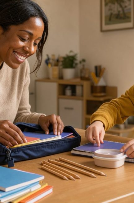 Une mère et son jeune fils préparent ensemble un sac d’école sur une table accessible, dans une ambiance chaleureuse et réaliste.